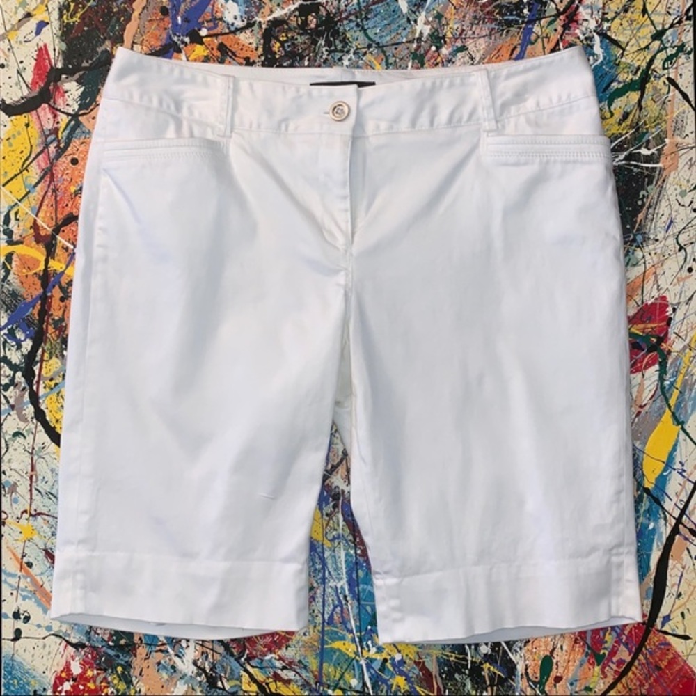 White House Black Market white “Slim” Bermuda shorts.